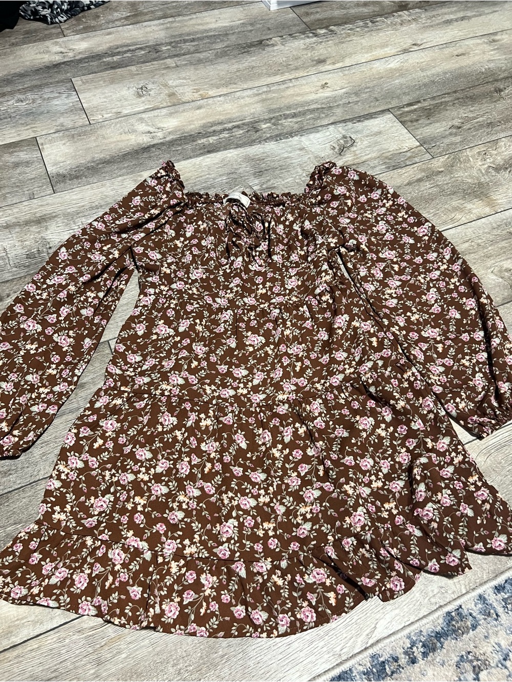 Brown Floral Off-Shoulder Long Sleeve Mini Dress